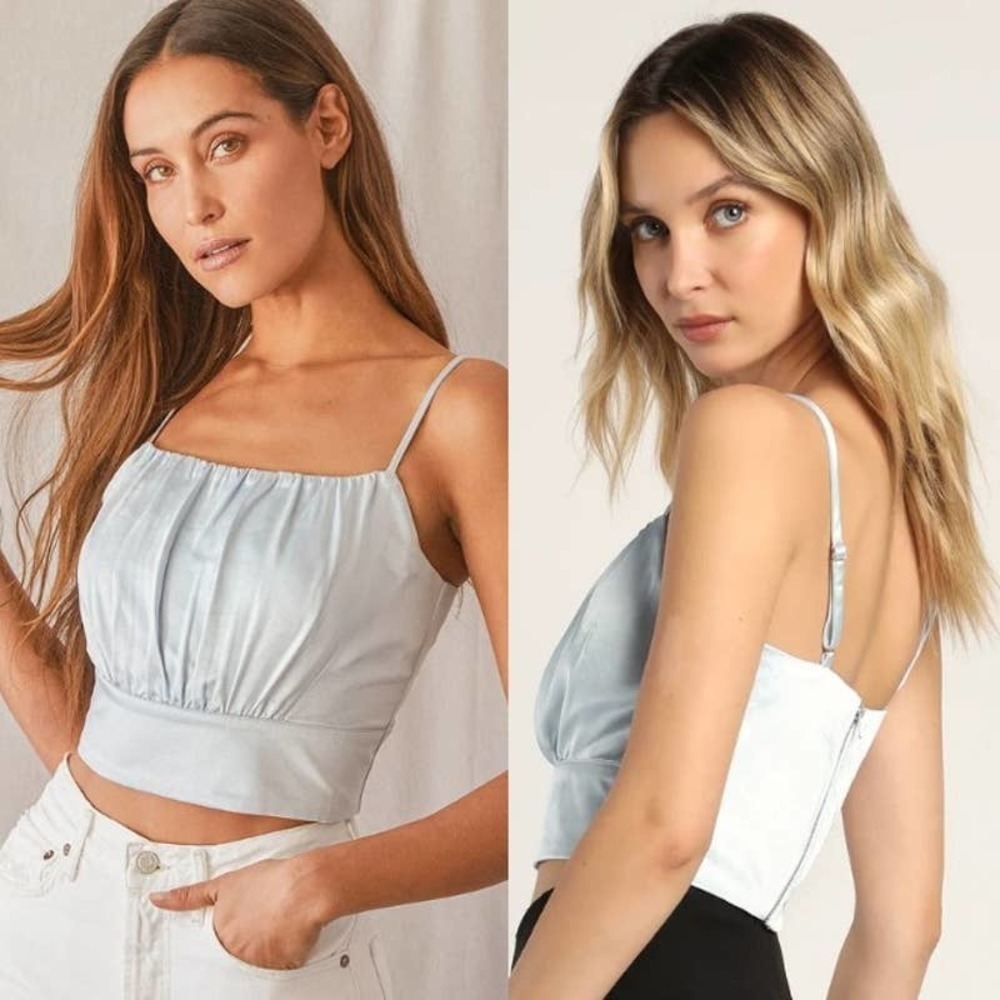 Lulus NWT Luxe'd Out Satin Silk Scoop Neck Cropped Tank Top Light Blue Size XS